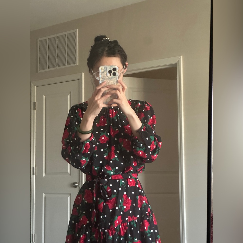 Kate Spade Black Floral & Polka Dot Long Sleeve Dress